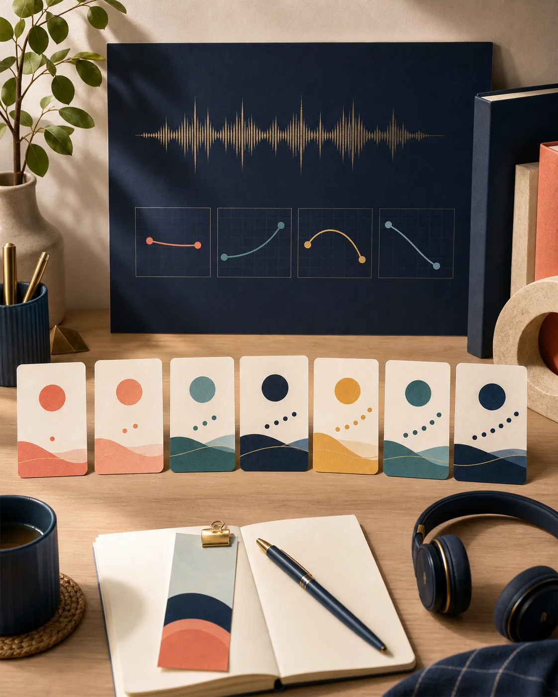 Composición editorial con siete tarjetas de práctica, curvas tonales y audífonos