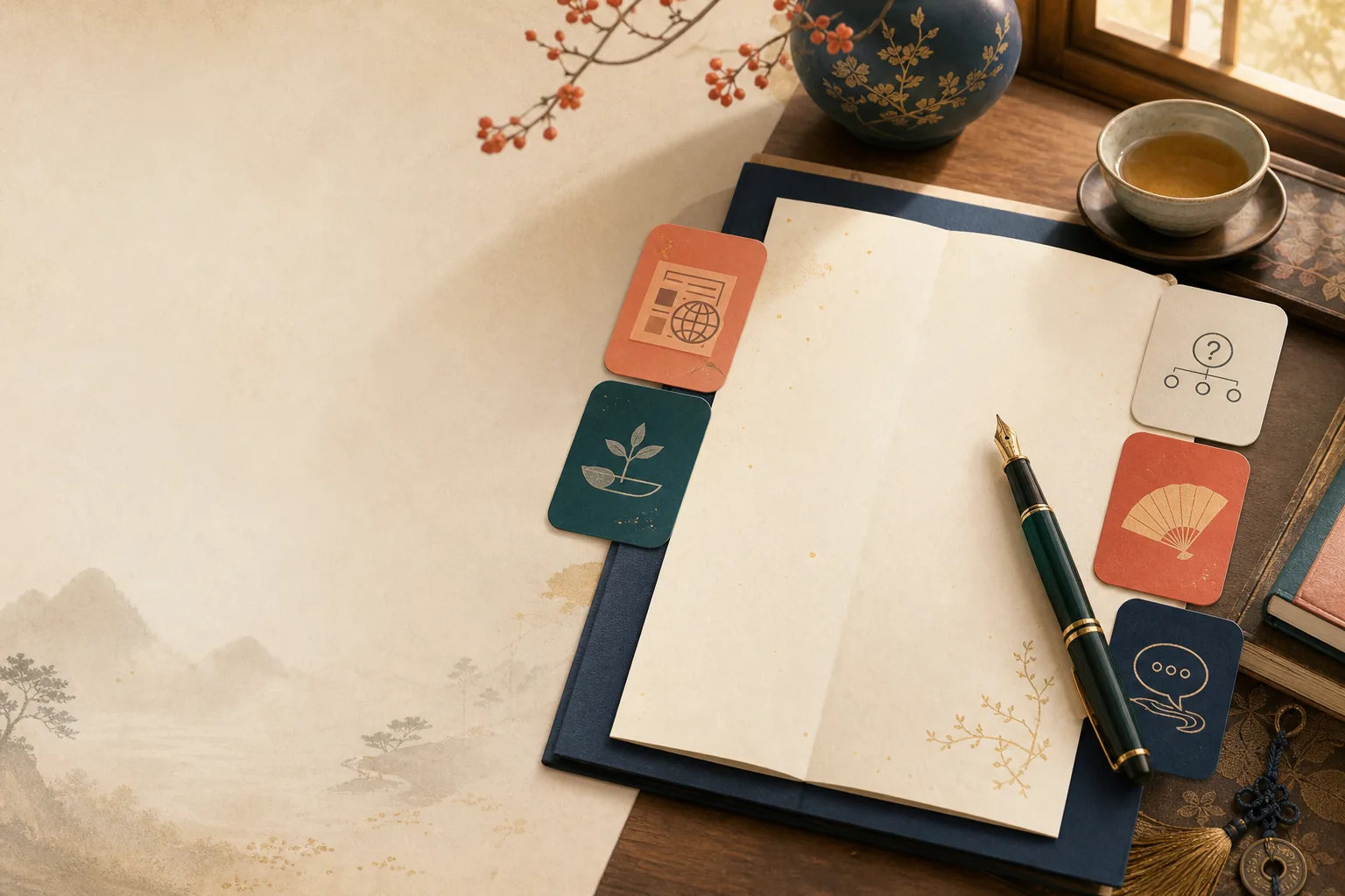 Cuaderno abierto, té y pequeñas tarjetas que representan las secciones del newsletter