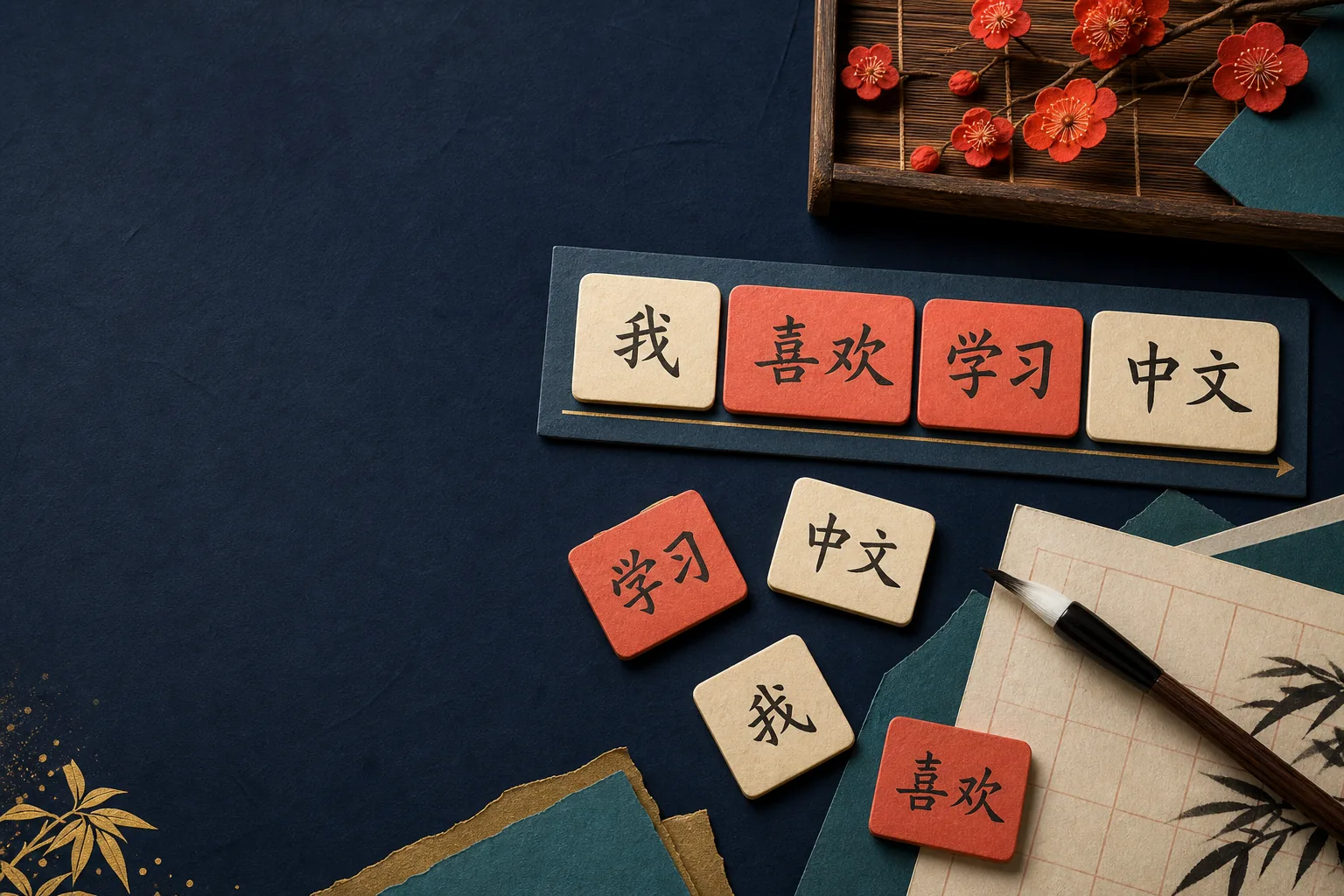Fichas con palabras chinas dispuestas como un rompecabezas de frases