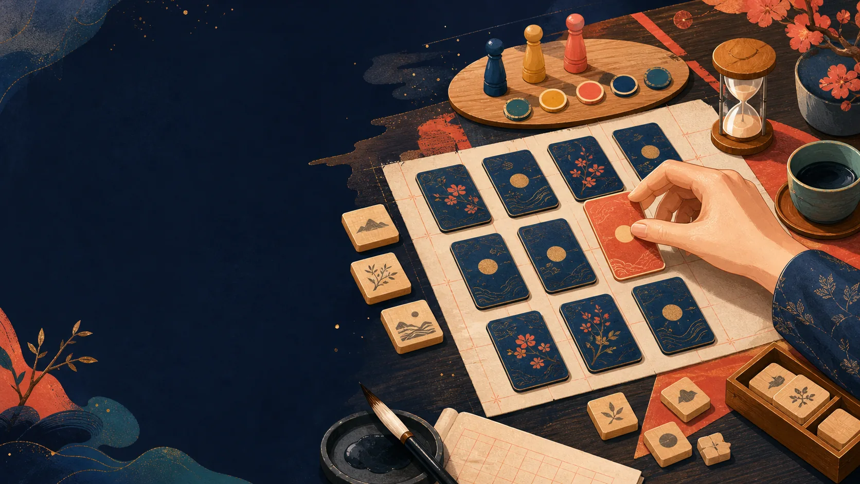 Mesa ilustrada con cartas y elementos de un juego de aprendizaje
